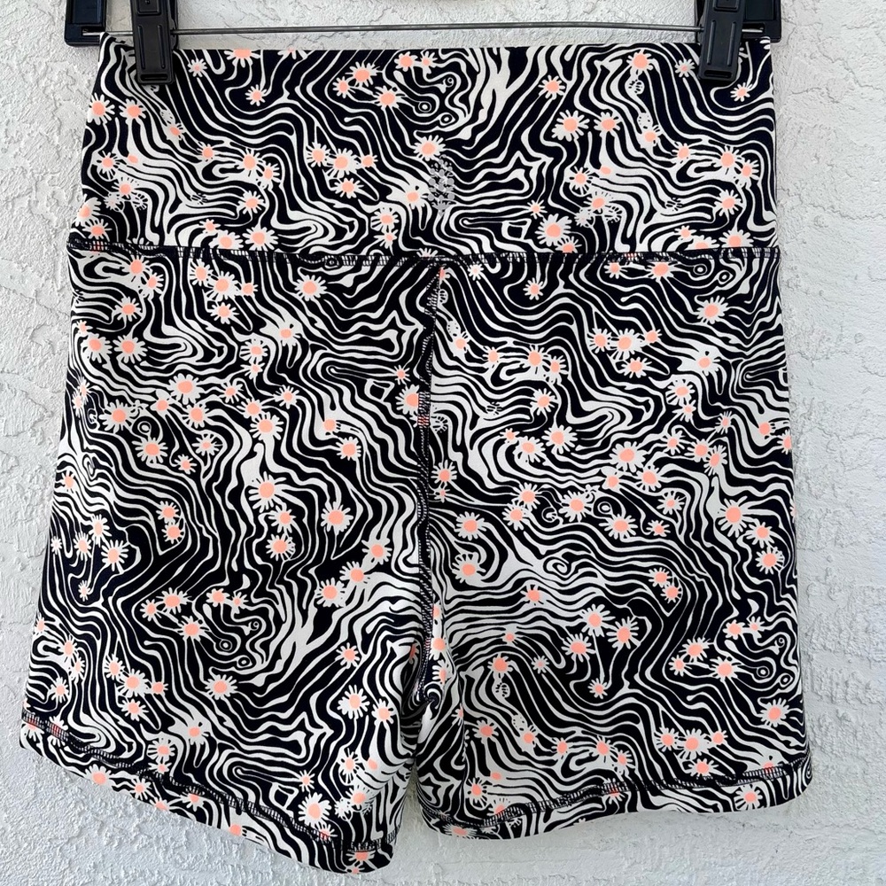 Free People Black & White Swirl Bike Shorts with Pink Floral Accents - Picture 3 of 12